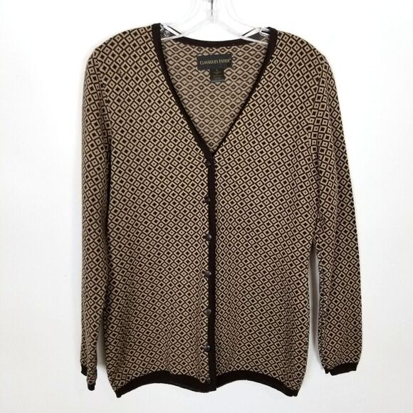 Classiques Entier Women Printed Merino Wool Cardigan Sweater Sz M Brown Button - Picture 1 of 7